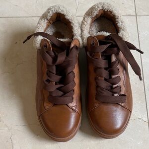 See By Chloe Brown Leather Shearling-Trim Sneakers